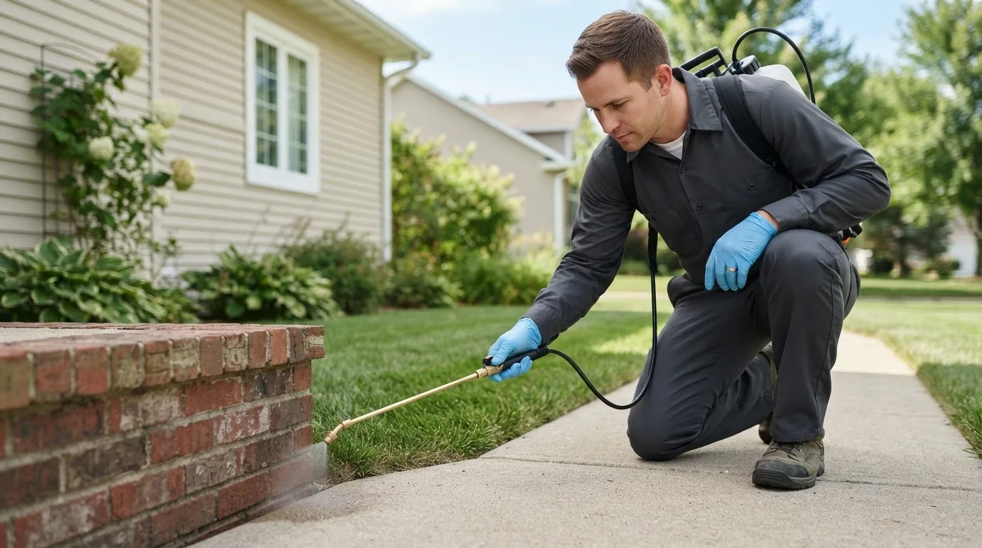 Pest control technician treating a home near Mesa, ID